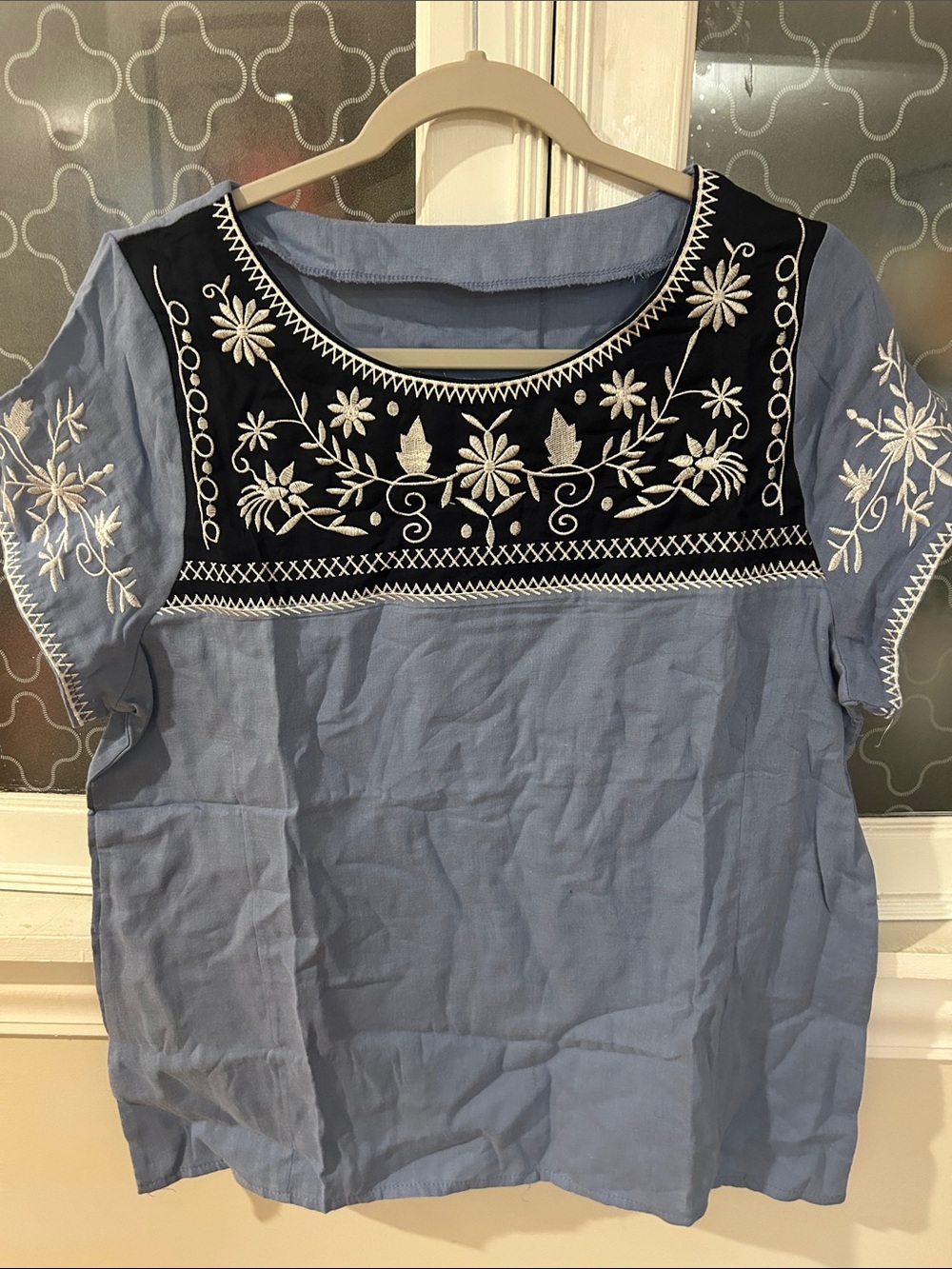 Embroidered Scoop Neck Women’s Top — Light Blue with Black Yoke